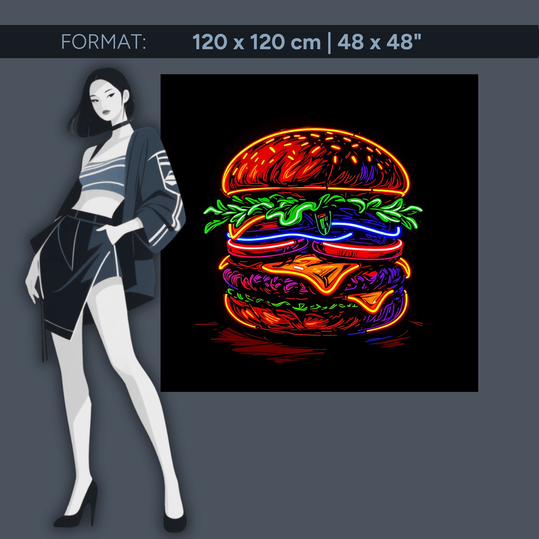 Burger néon lumineux sur acrylique – fresque pop art pour cuisine, bar et restaurant modernes