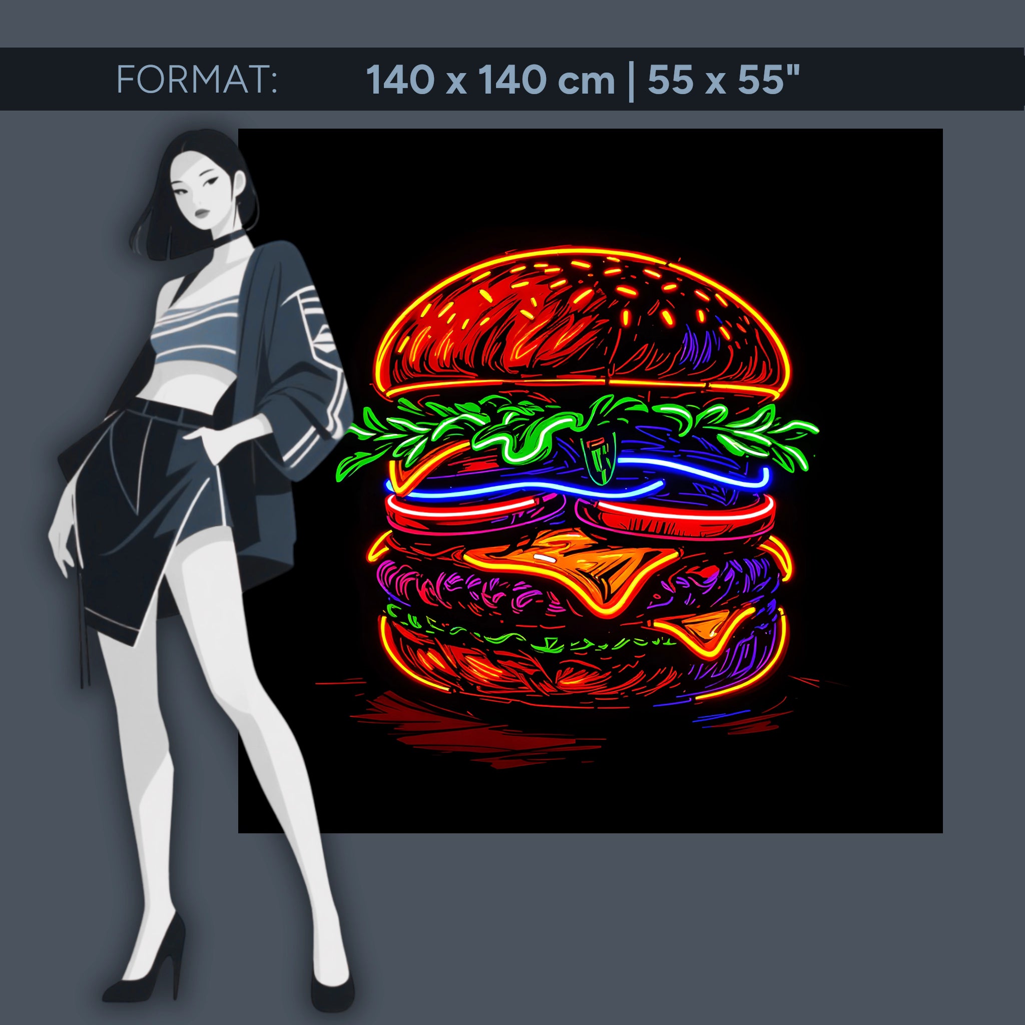 Burger néon lumineux sur acrylique – fresque pop art pour cuisine, bar et restaurant modernes