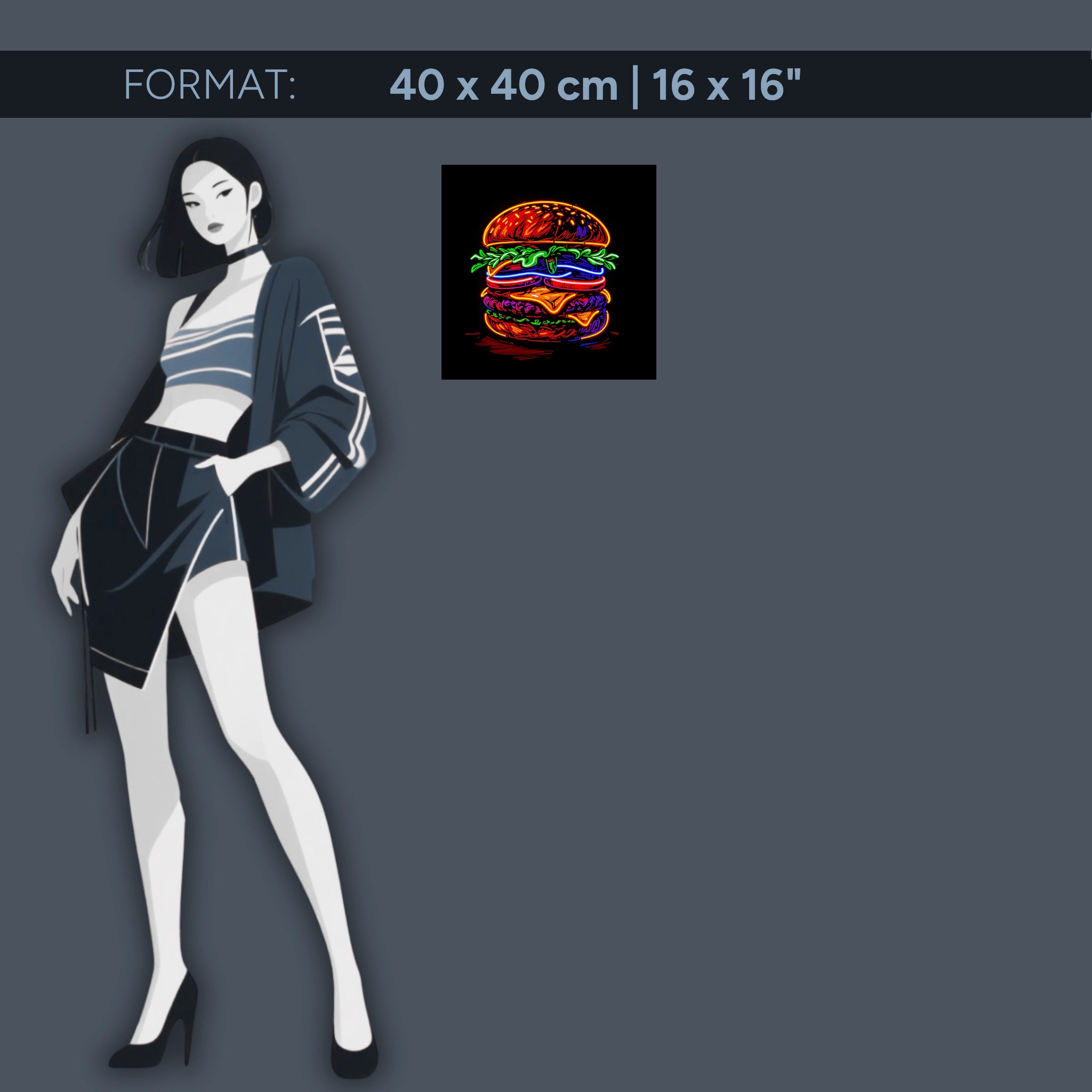 Burger néon lumineux sur acrylique – fresque pop art pour cuisine, bar et restaurant modernes