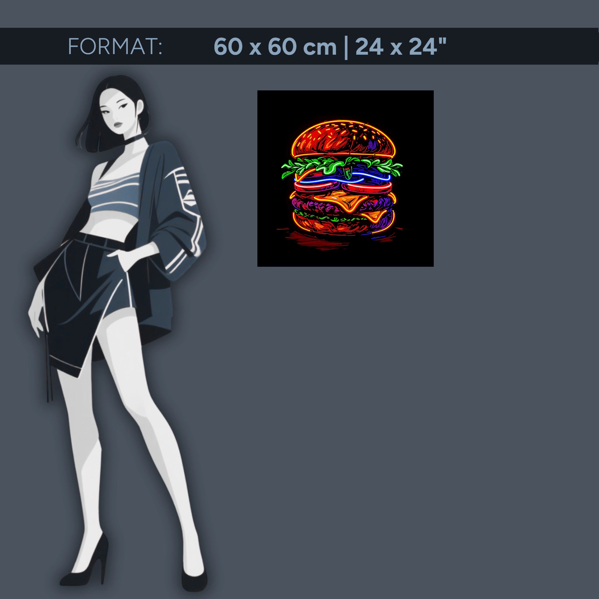 Burger néon lumineux sur acrylique – fresque pop art pour cuisine, bar et restaurant modernes