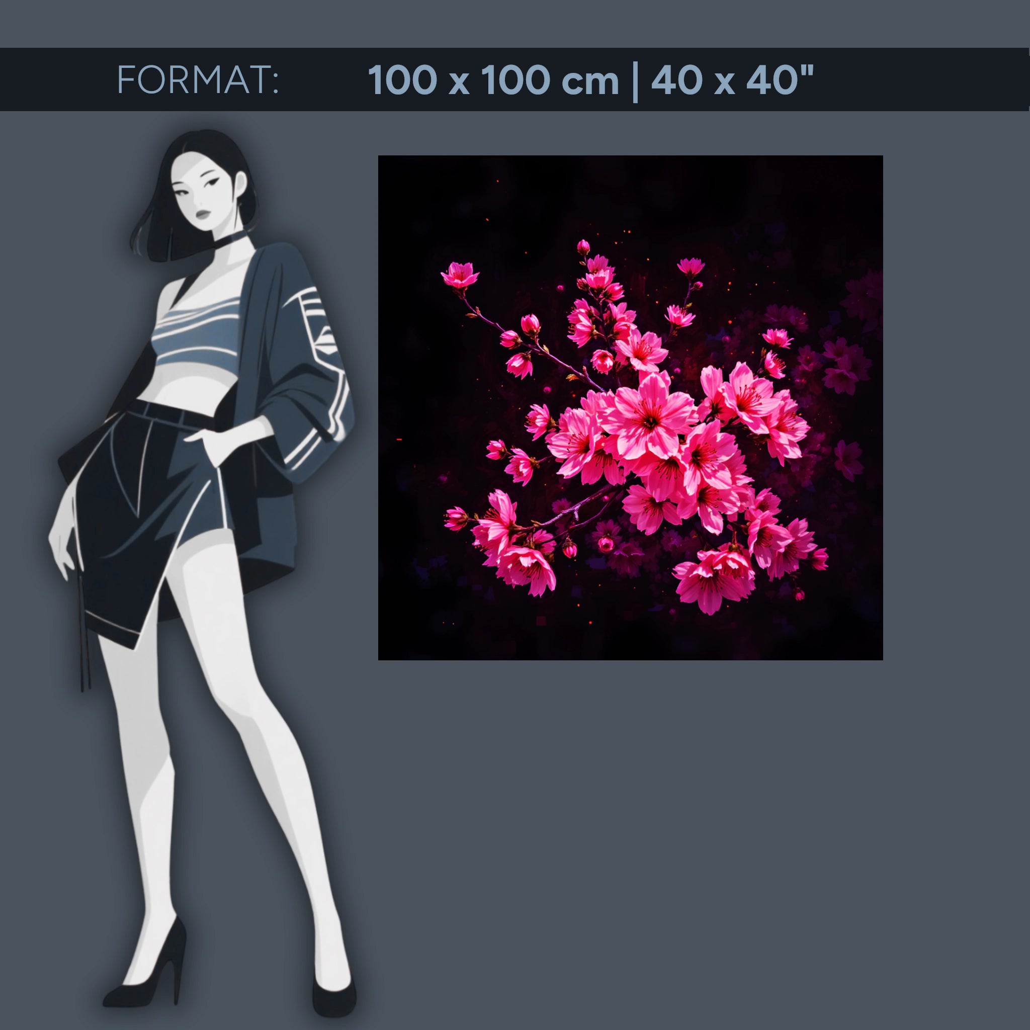 Papier peint acrylique fleurs de cerisier roses sur fond noir – œuvre d'art florale moderne pour salon et chambre