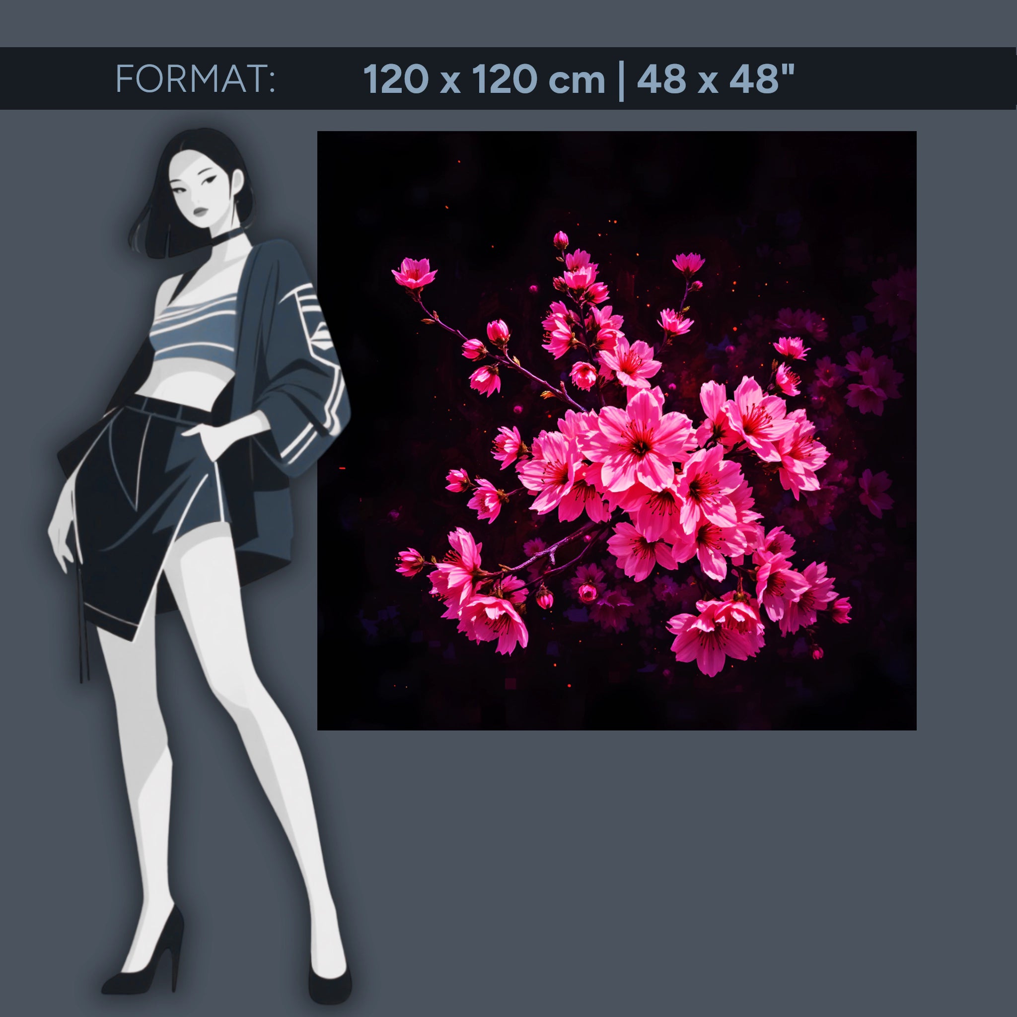 Papier peint acrylique fleurs de cerisier roses sur fond noir – œuvre d'art florale moderne pour salon et chambre