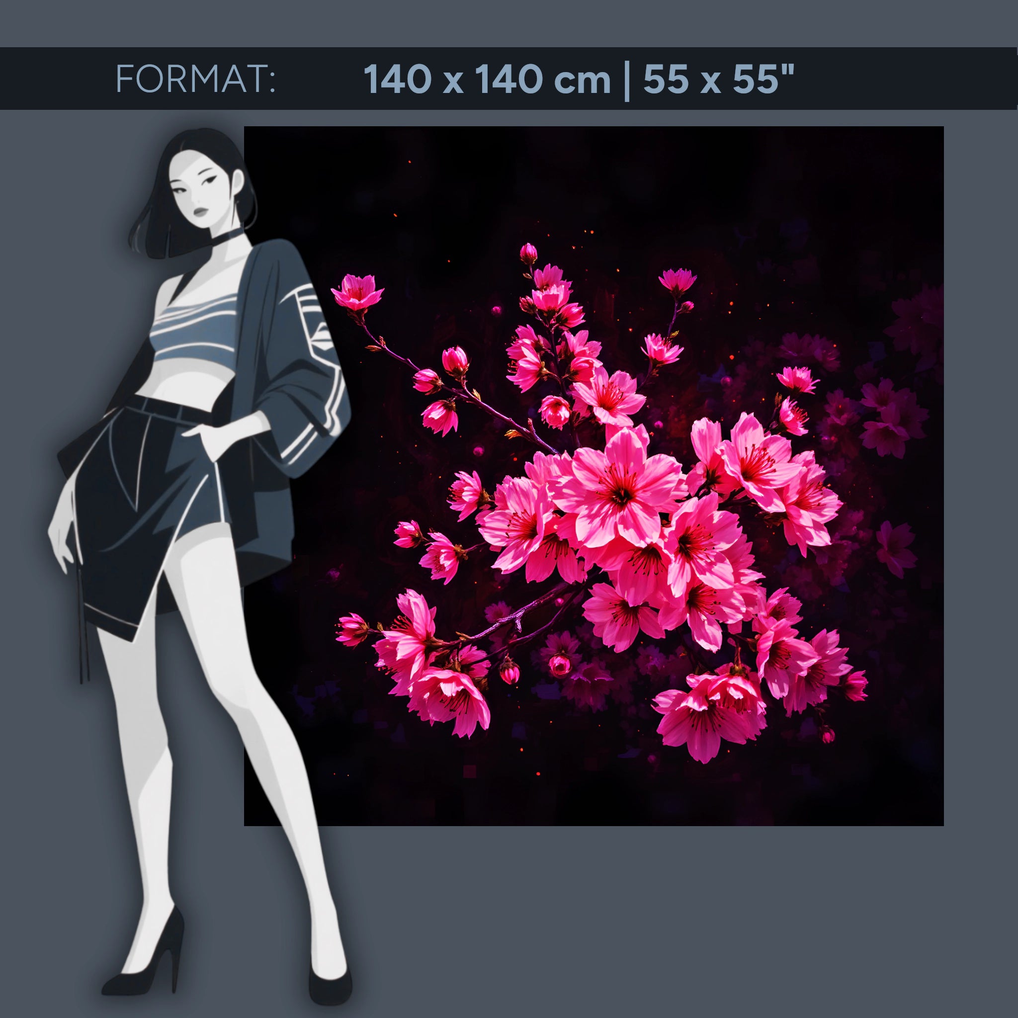 Papier peint acrylique fleurs de cerisier roses sur fond noir – œuvre d'art florale moderne pour salon et chambre