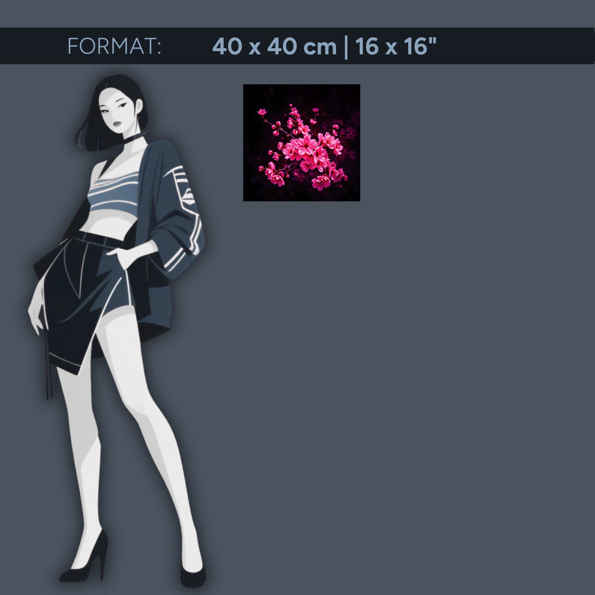 Papier peint acrylique fleurs de cerisier roses sur fond noir – œuvre d'art florale moderne pour salon et chambre