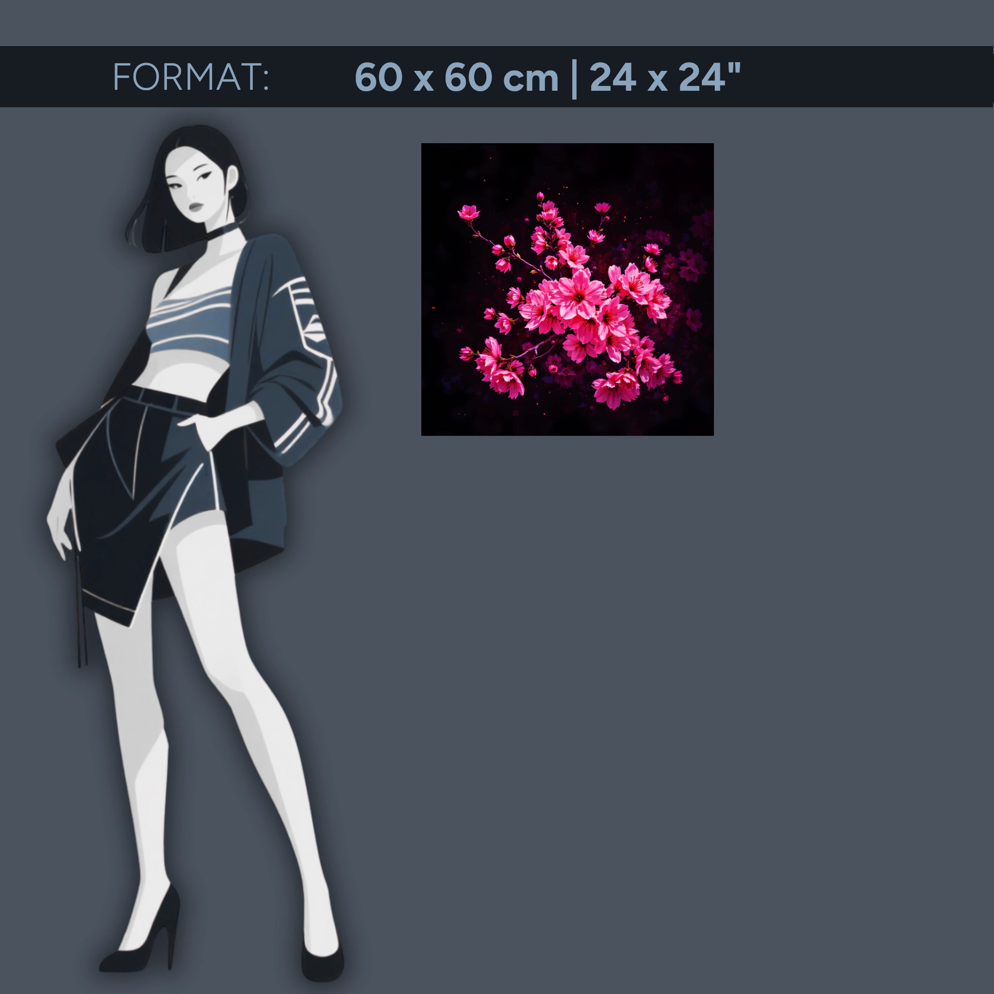 Papier peint acrylique fleurs de cerisier roses sur fond noir – œuvre d'art florale moderne pour salon et chambre