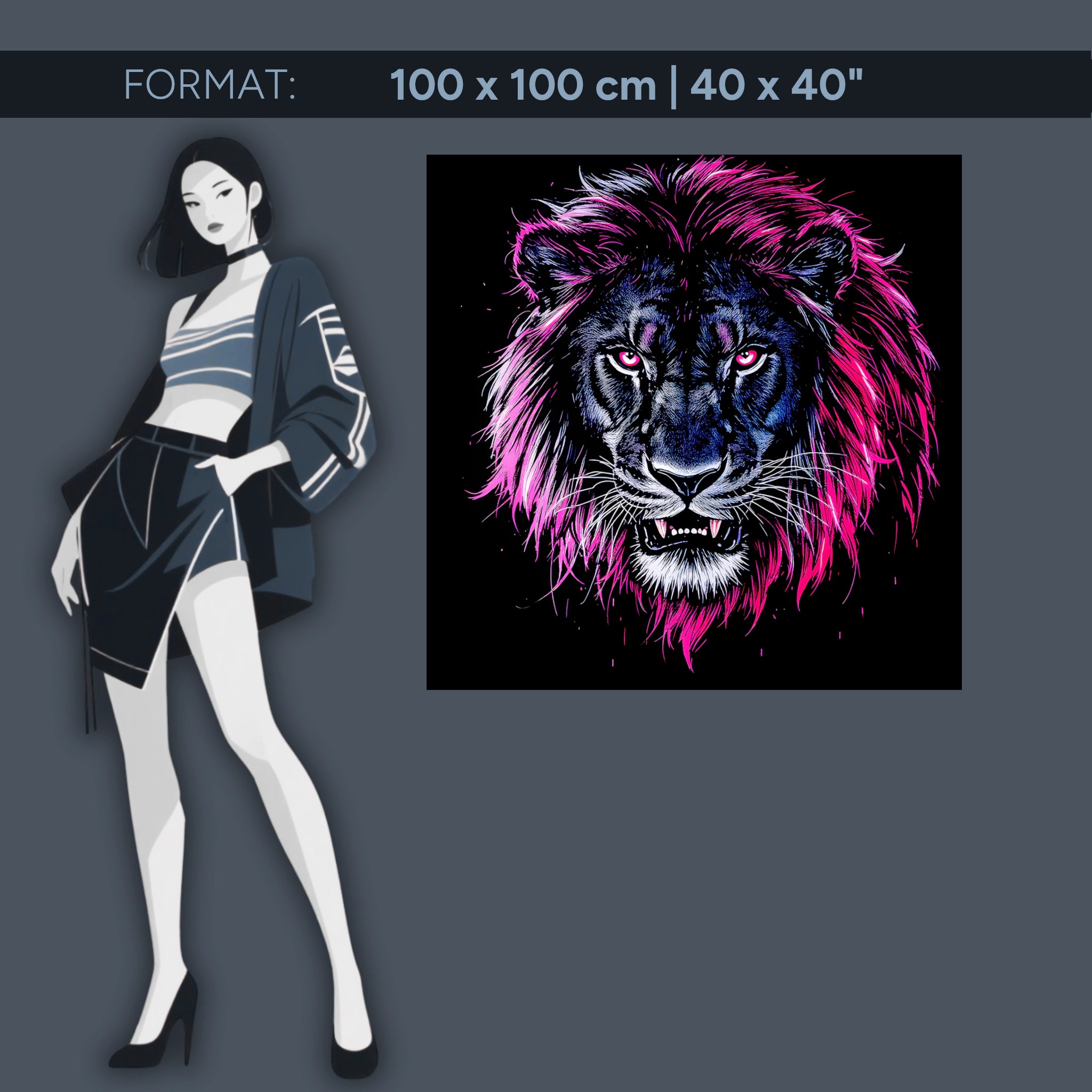 Lion néon lumineux – Tableau mural en verre acrylique « Roi de la nuit » pour un intérieur urbain moderne