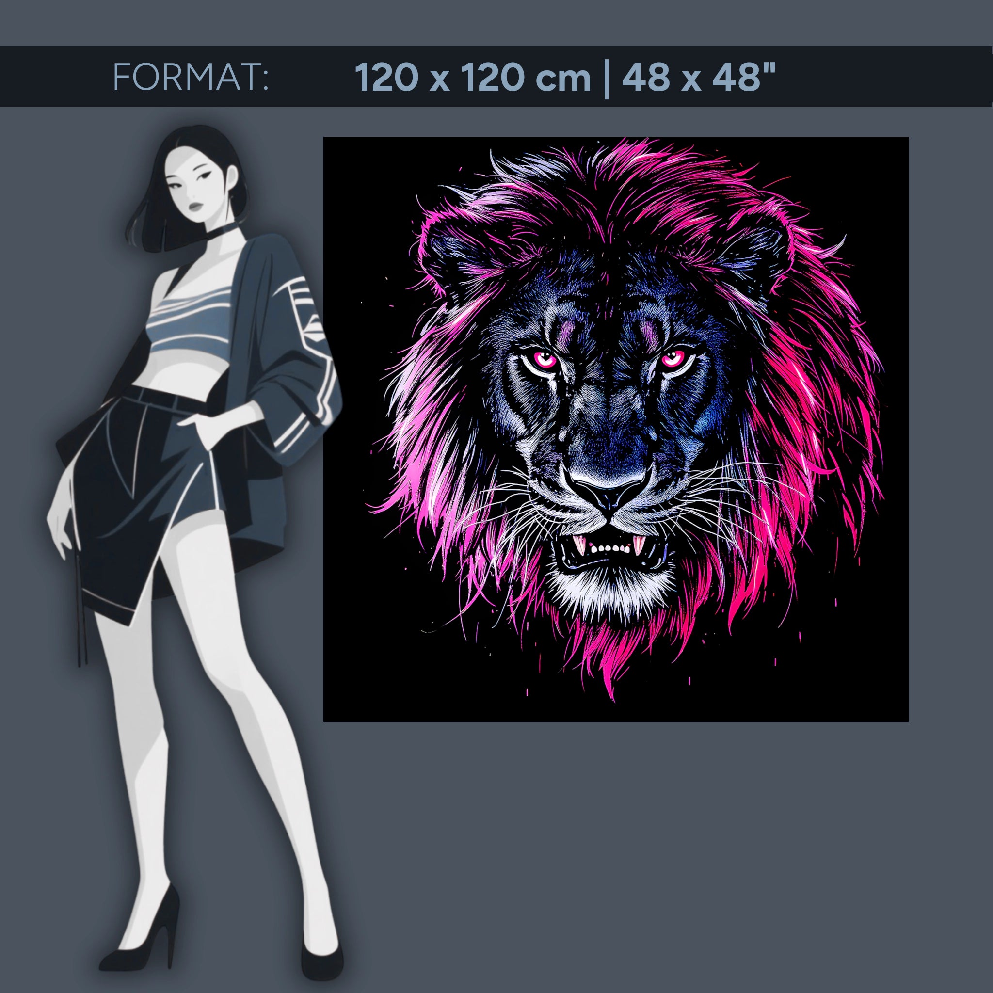 Lion néon lumineux – Tableau mural en verre acrylique « Roi de la nuit » pour un intérieur urbain moderne