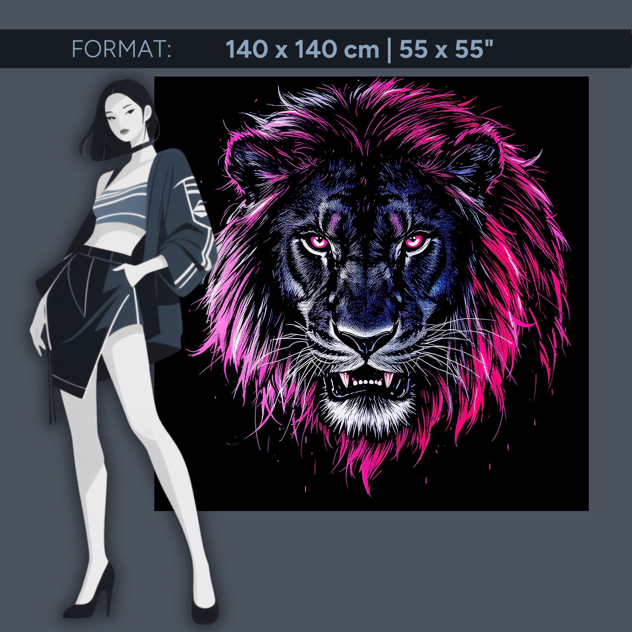 Lion néon lumineux – Tableau mural en verre acrylique « Roi de la nuit » pour un intérieur urbain moderne