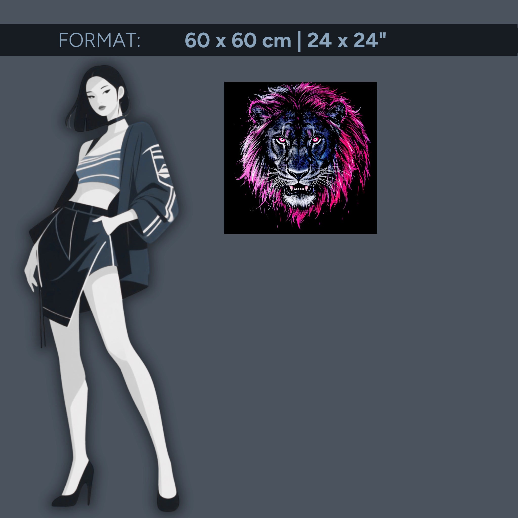 Lion néon lumineux – Tableau mural en verre acrylique « Roi de la nuit » pour un intérieur urbain moderne