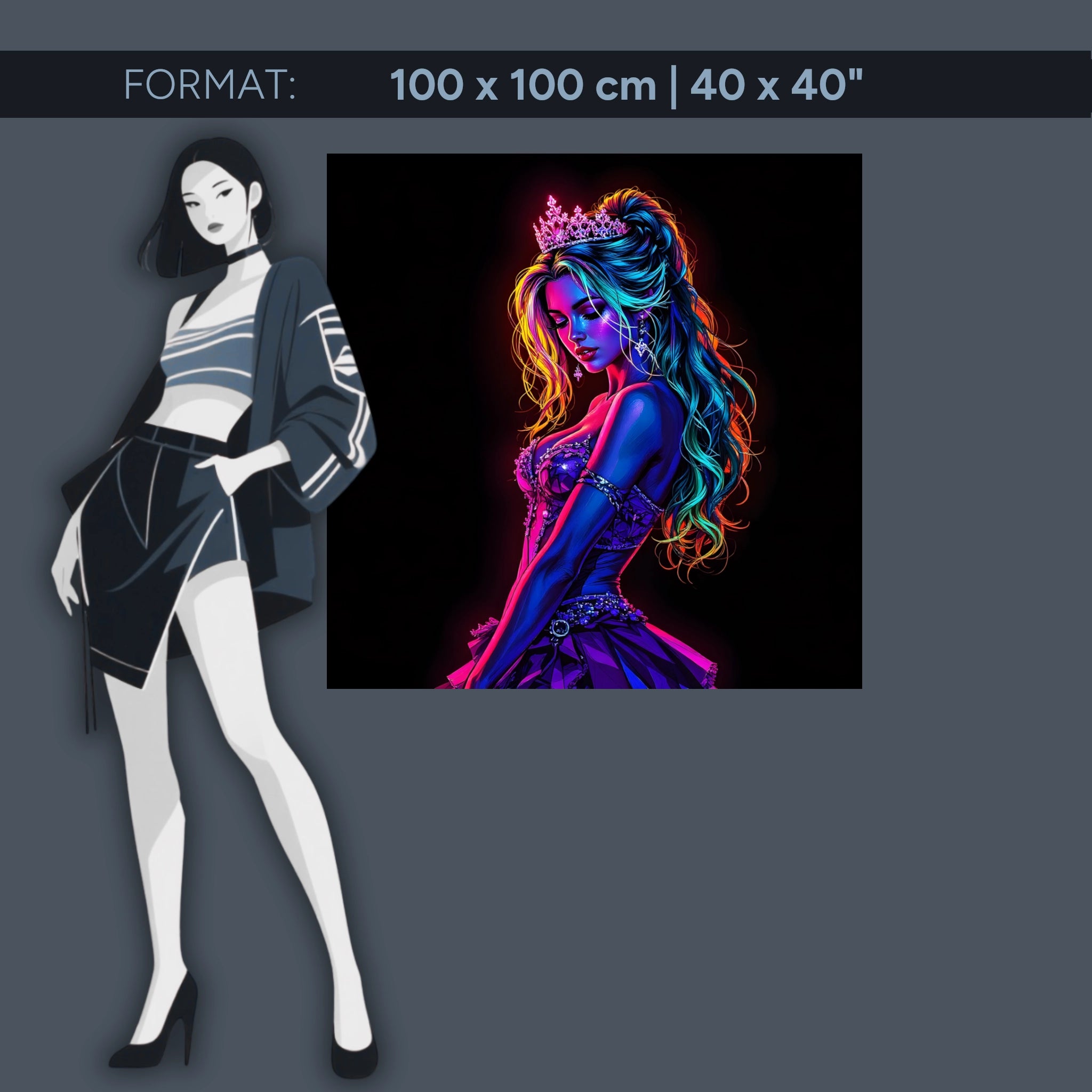 Neon Queen – Un art fantastique glamour sous forme de tableau en verre acrylique aux couleurs vives