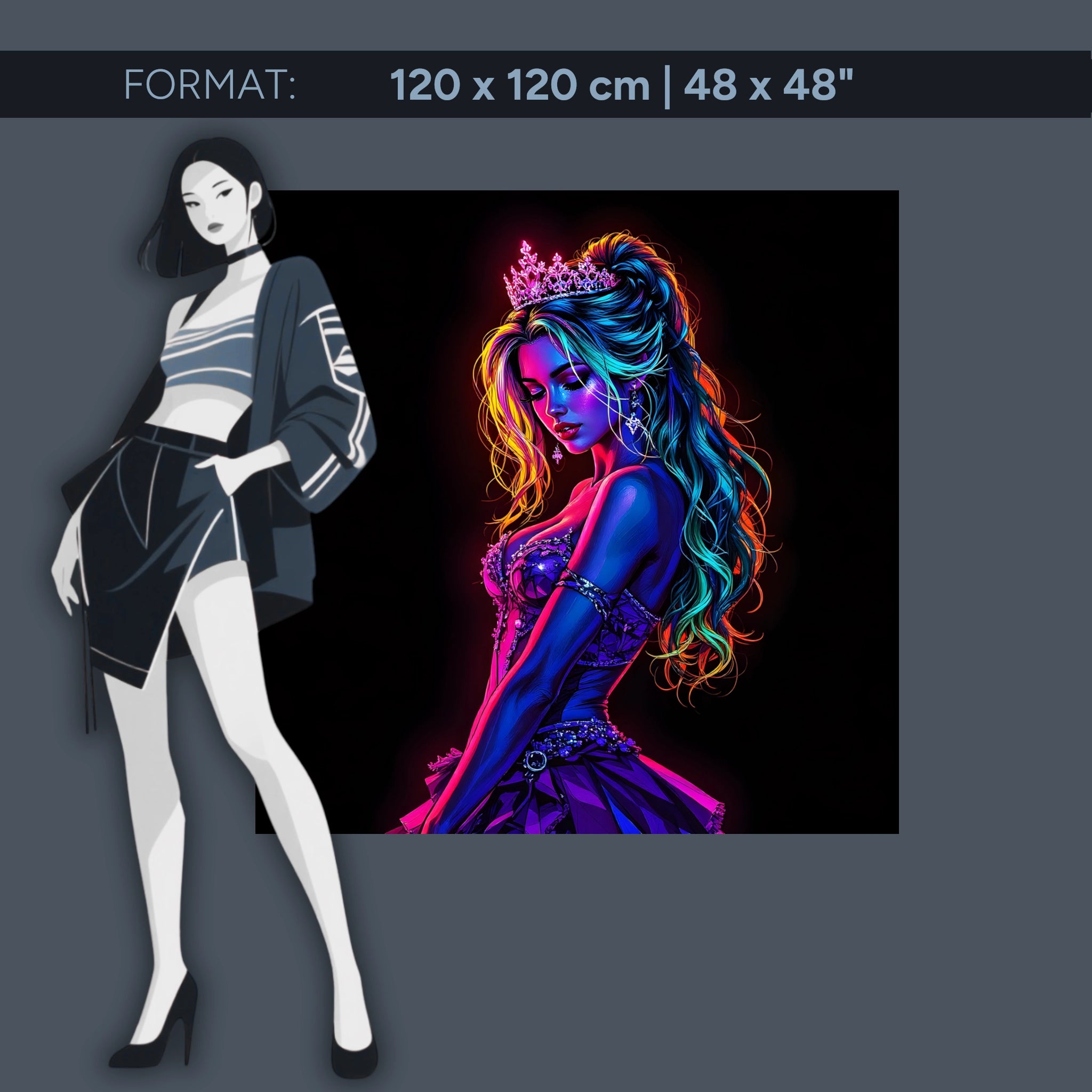 Neon Queen – Un art fantastique glamour sous forme de tableau en verre acrylique aux couleurs vives