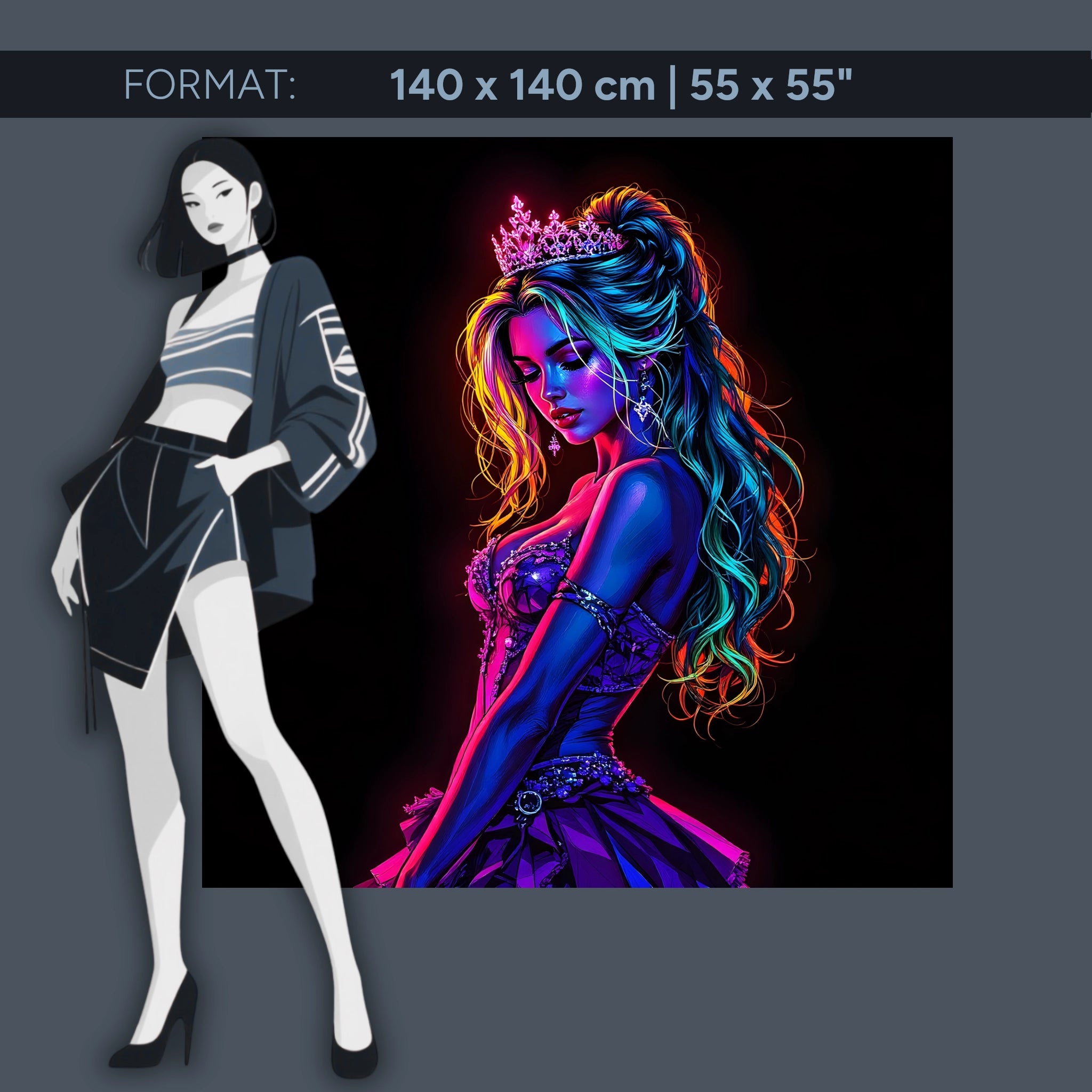 Neon Queen – Un art fantastique glamour sous forme de tableau en verre acrylique aux couleurs vives