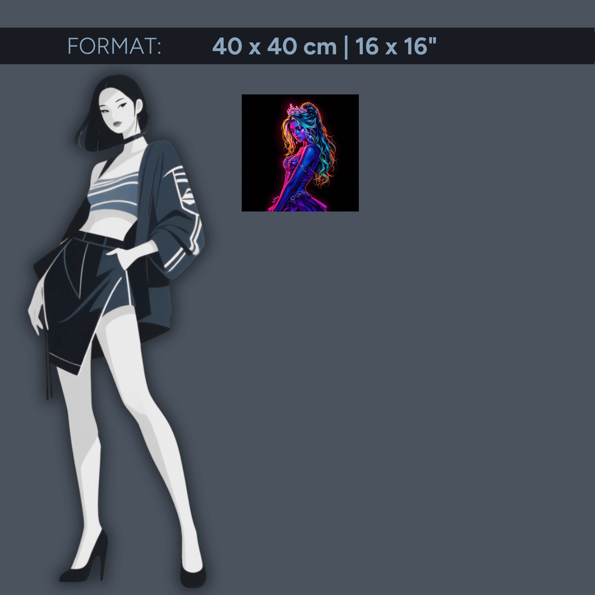 Neon Queen – Un art fantastique glamour sous forme de tableau en verre acrylique aux couleurs vives