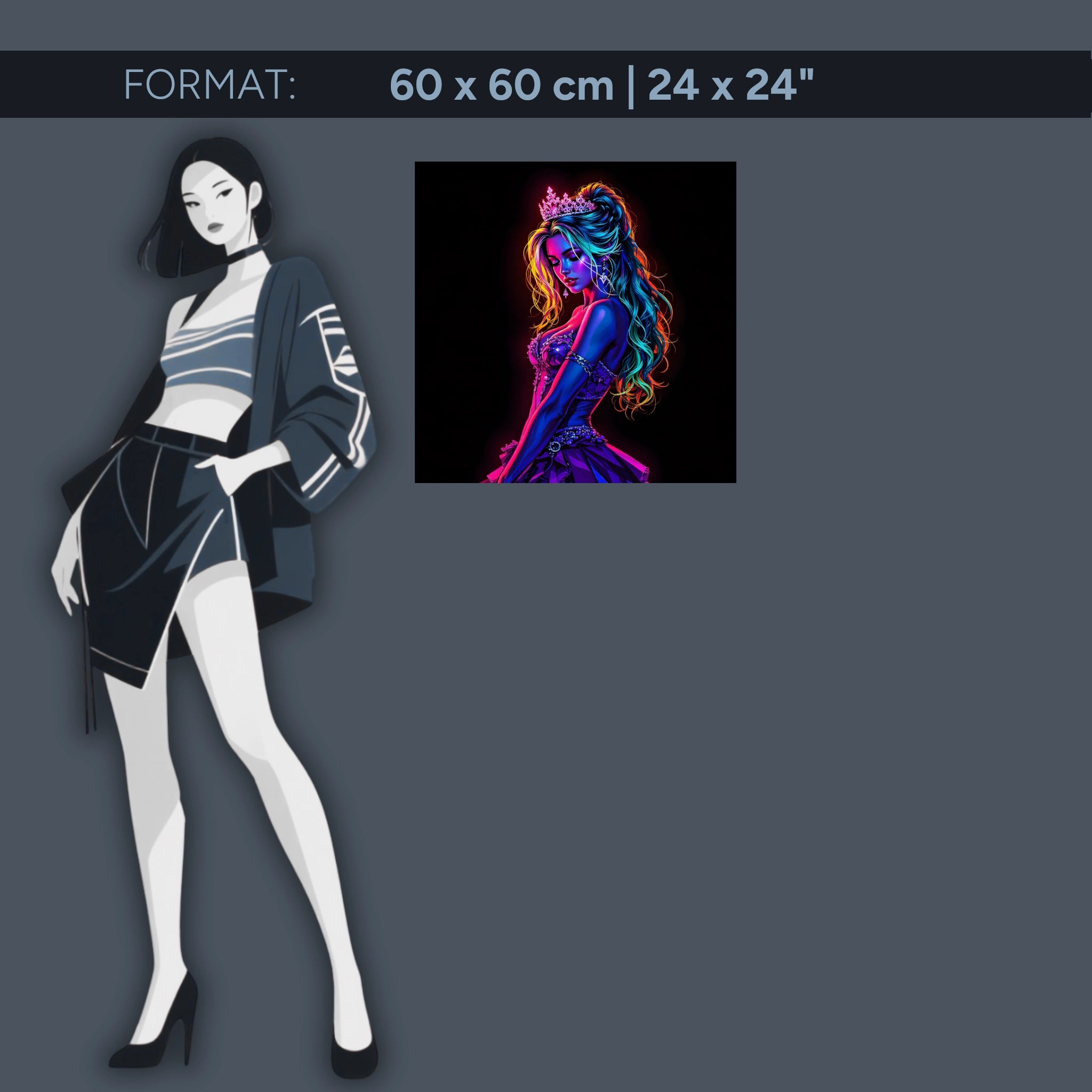 Neon Queen – Un art fantastique glamour sous forme de tableau en verre acrylique aux couleurs vives