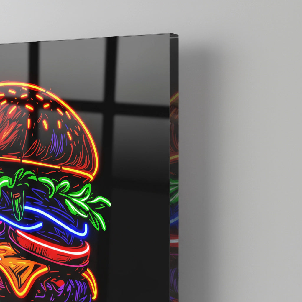 Burger néon lumineux sur acrylique – fresque pop art pour cuisine, bar et restaurant modernes