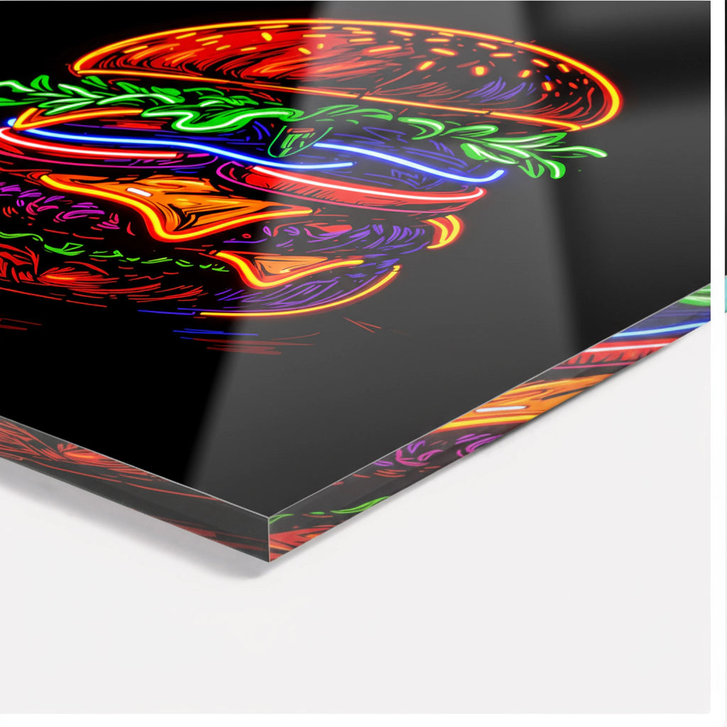 Burger néon lumineux sur acrylique – fresque pop art pour cuisine, bar et restaurant modernes