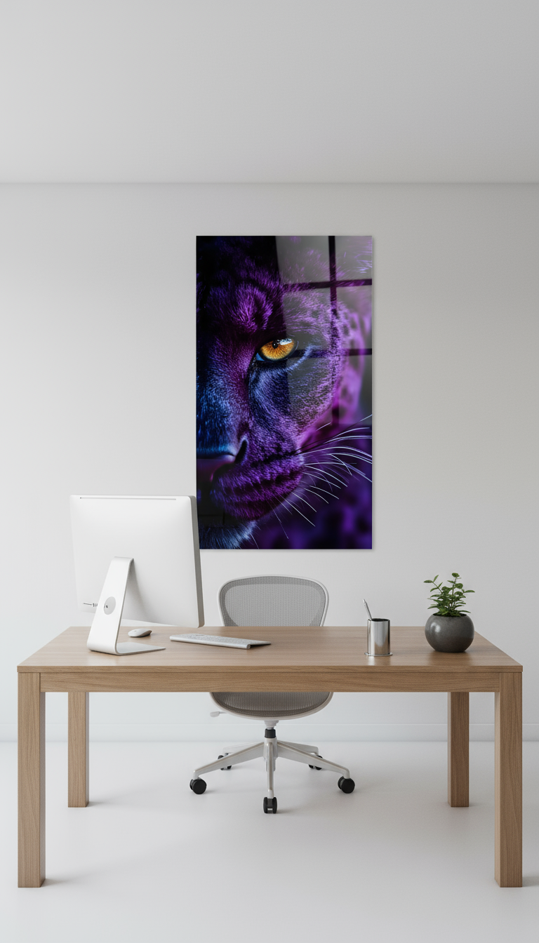Tableau mural en acrylique représentant un grand félin mystique – Œil de panthère bleu violet – Portrait animalier puissant pour le salon