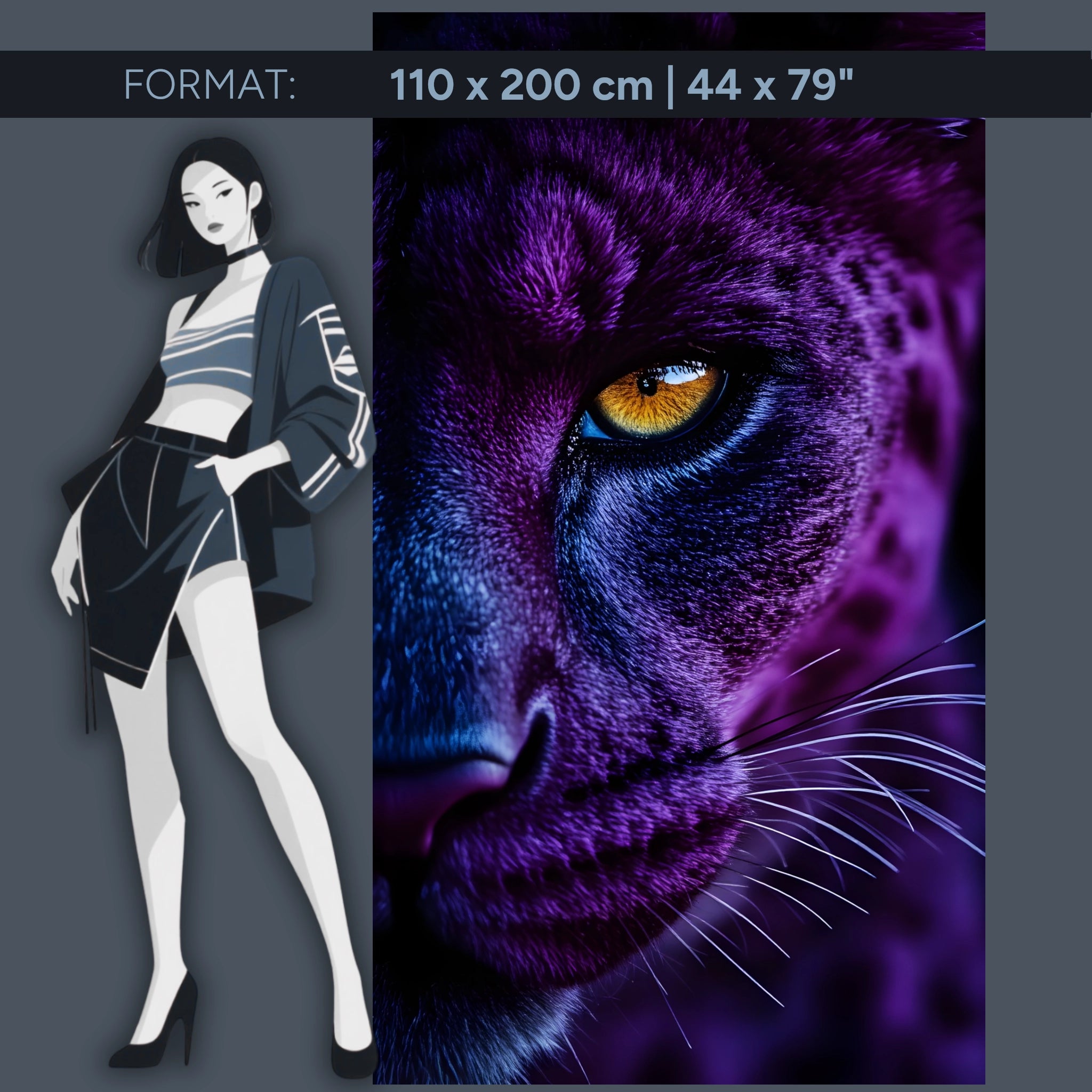 Tableau mural en acrylique représentant un grand félin mystique – Œil de panthère bleu violet – Portrait animalier puissant pour le salon