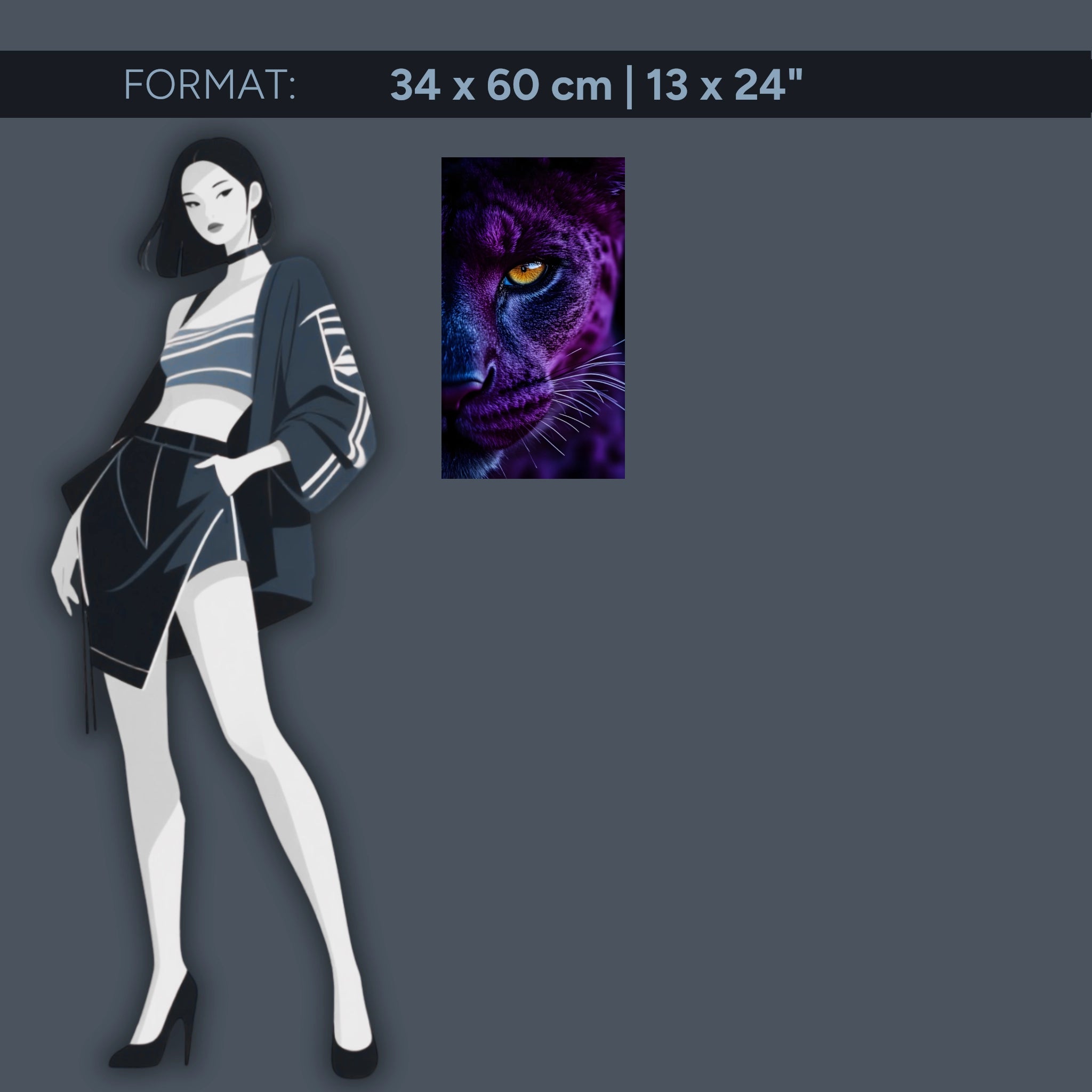 Tableau mural en acrylique représentant un grand félin mystique – Œil de panthère bleu violet – Portrait animalier puissant pour le salon