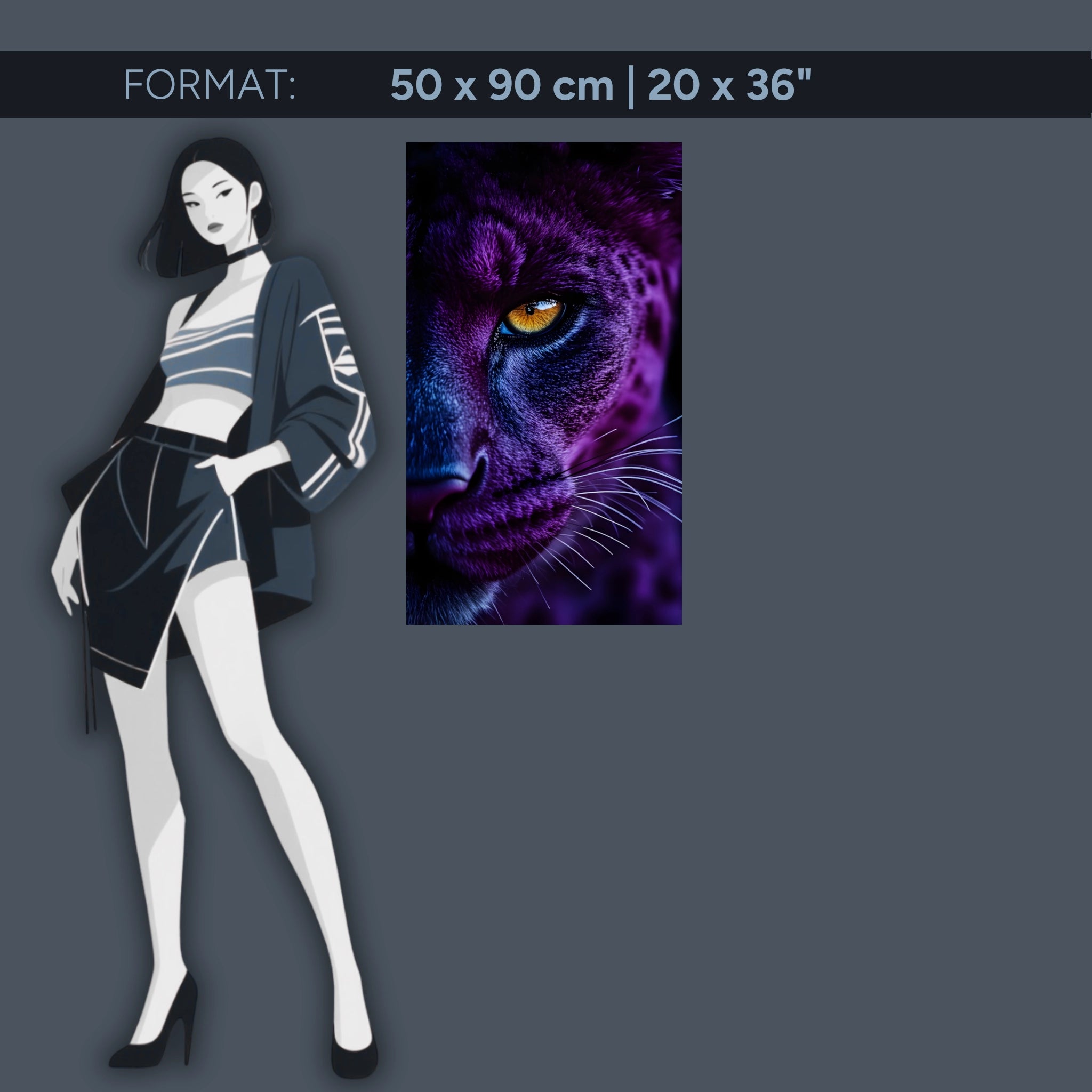 Tableau mural en acrylique représentant un grand félin mystique – Œil de panthère bleu violet – Portrait animalier puissant pour le salon