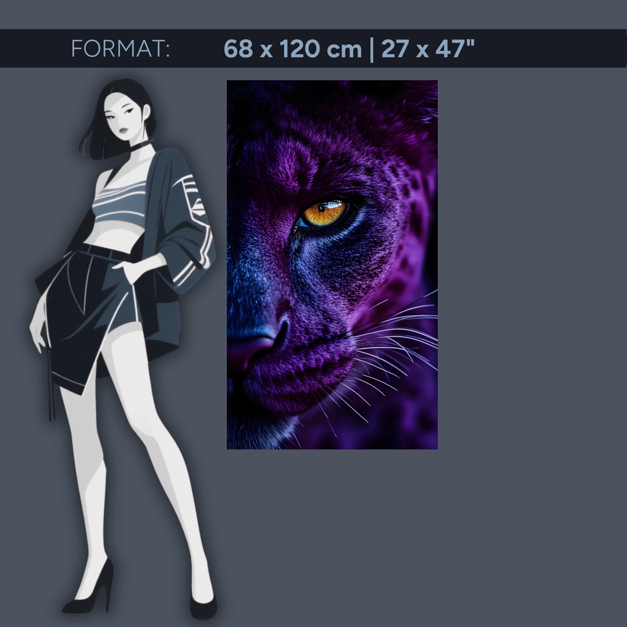 Tableau mural en acrylique représentant un grand félin mystique – Œil de panthère bleu violet – Portrait animalier puissant pour le salon