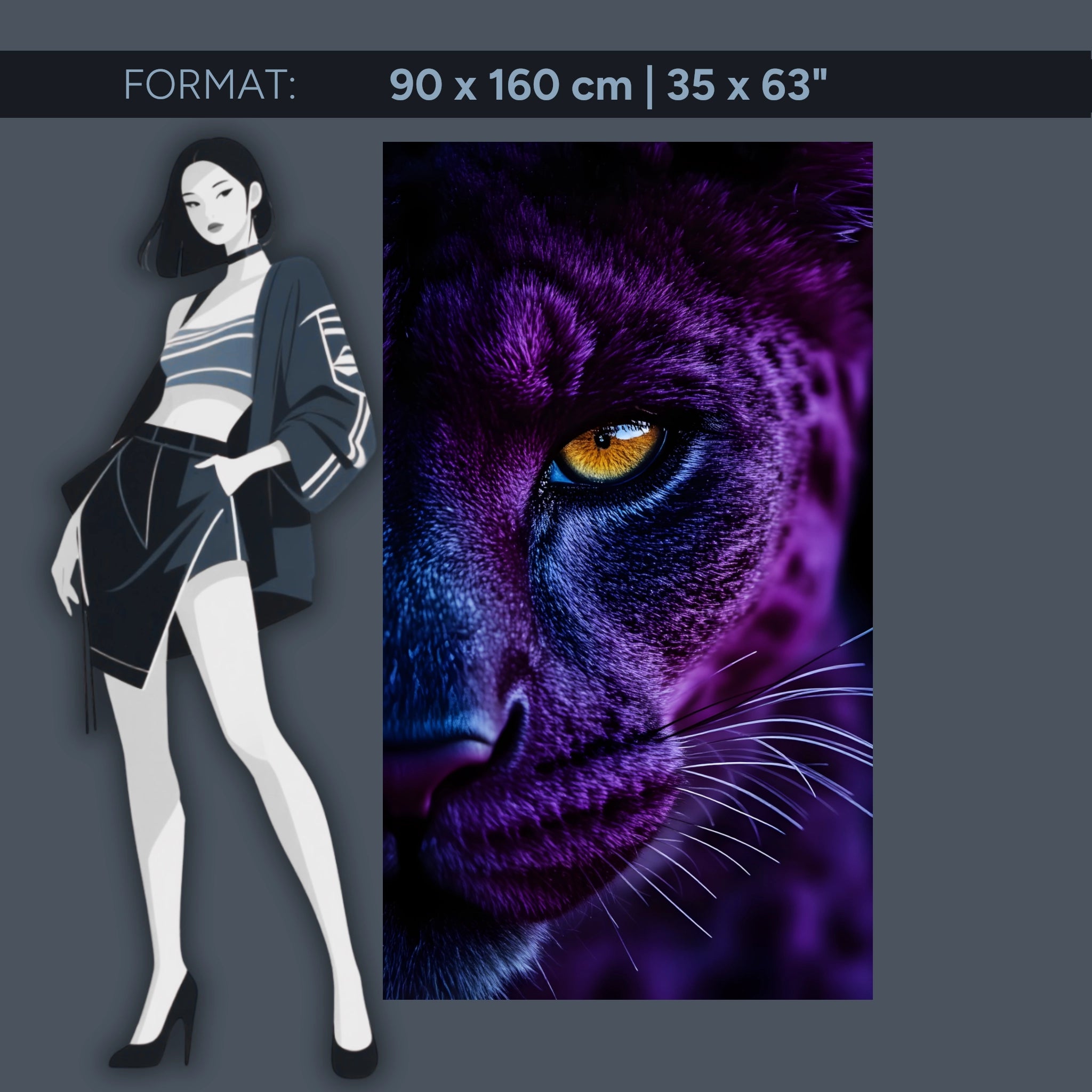 Tableau mural en acrylique représentant un grand félin mystique – Œil de panthère bleu violet – Portrait animalier puissant pour le salon