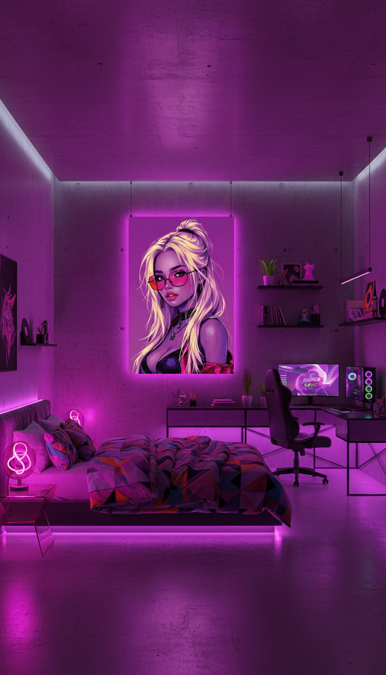 Neon Muse – Pop-Art Cyberpunk Girl in Pink & Violett | Acrylglas Wandbild
